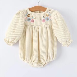 Embroidered Floral Corduroy Cream Baby Romper, 6/9 M, Long Ruffle Sleeve NWT